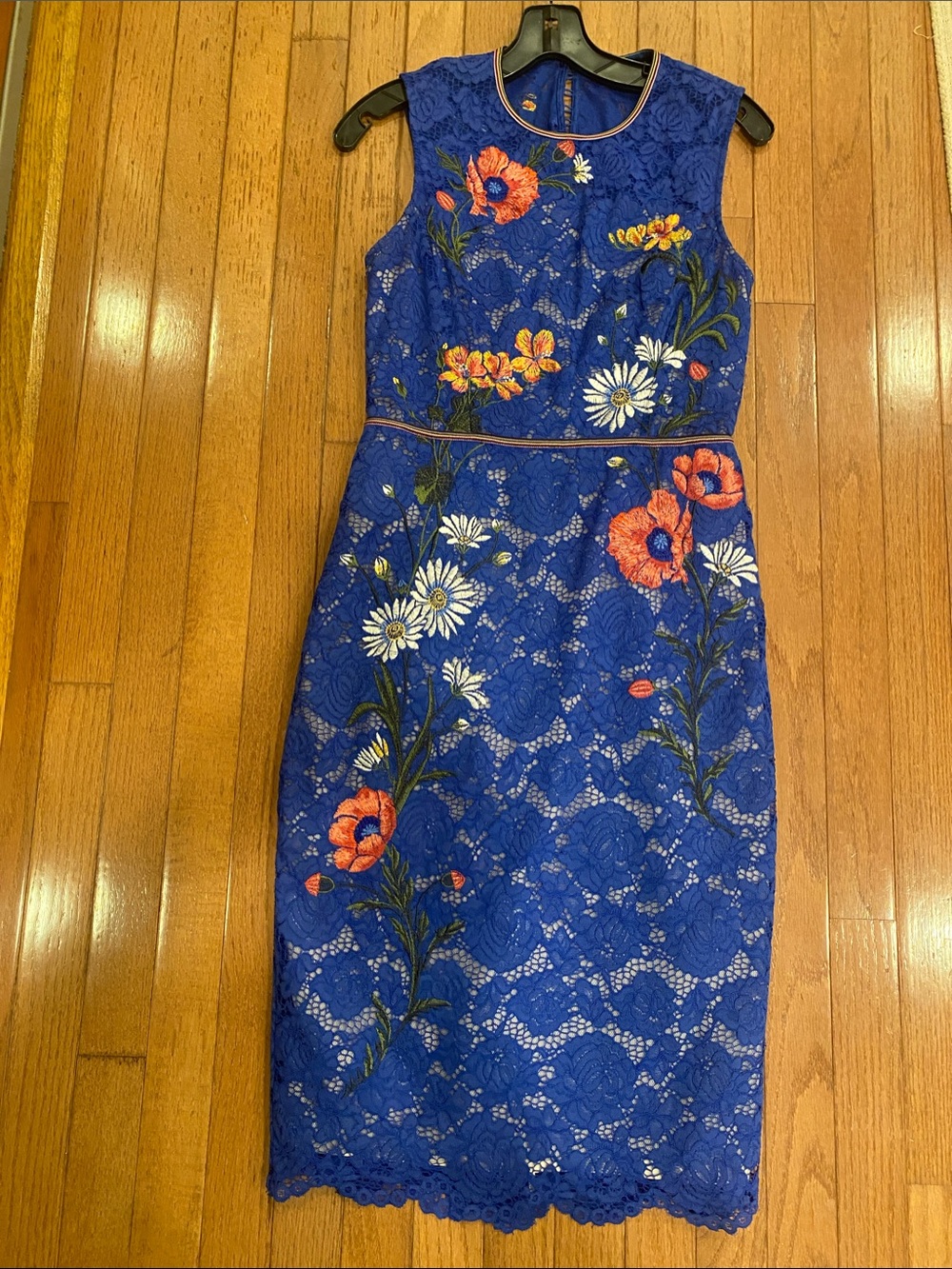 Karen Millen Royal Blue Lace Midi Dress with Multicolor Floral Embroidery